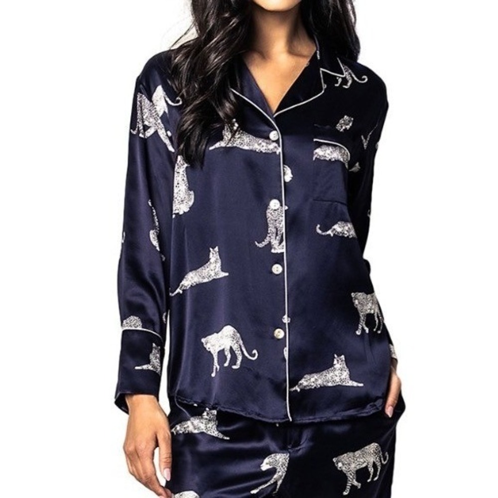 Petite Plume Mulberry Silk Panther de Nuit Pajama Shirt Navy XS NWT